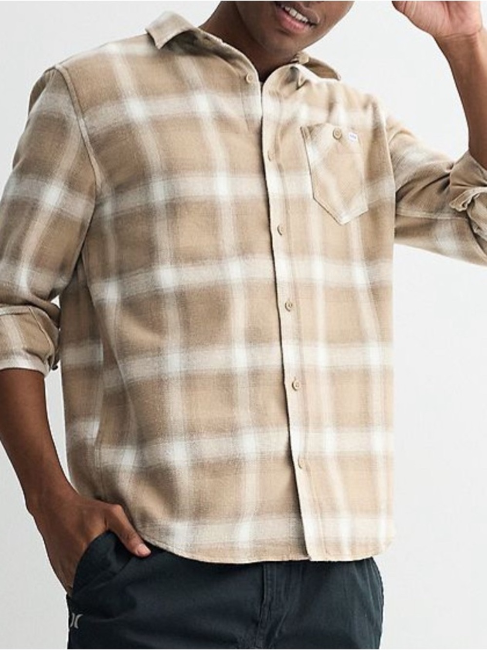 Hurley Beige Plaid Button-Up Shirt Men's Flannel size XXL